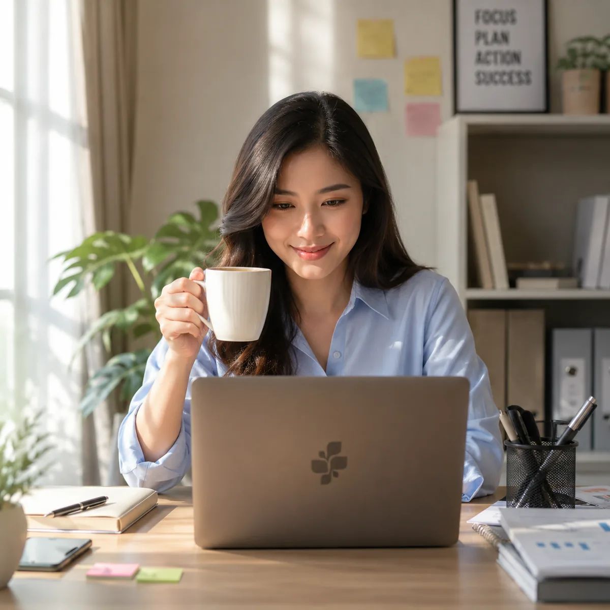 Seorang wanita profesional menikmati pagi yang tenang di meja kerja yang rapi sambil memegang secangkir kopi.