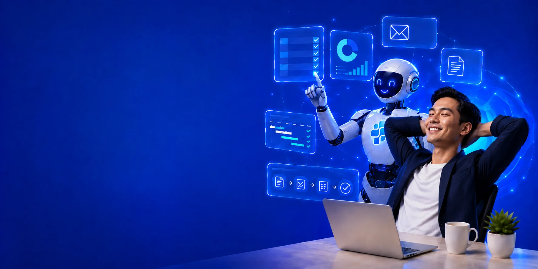 Seorang profesional bersandar santai dan tersenyum sementara asisten AI di sampingnya menyentuh panel-panel tugas melayang.