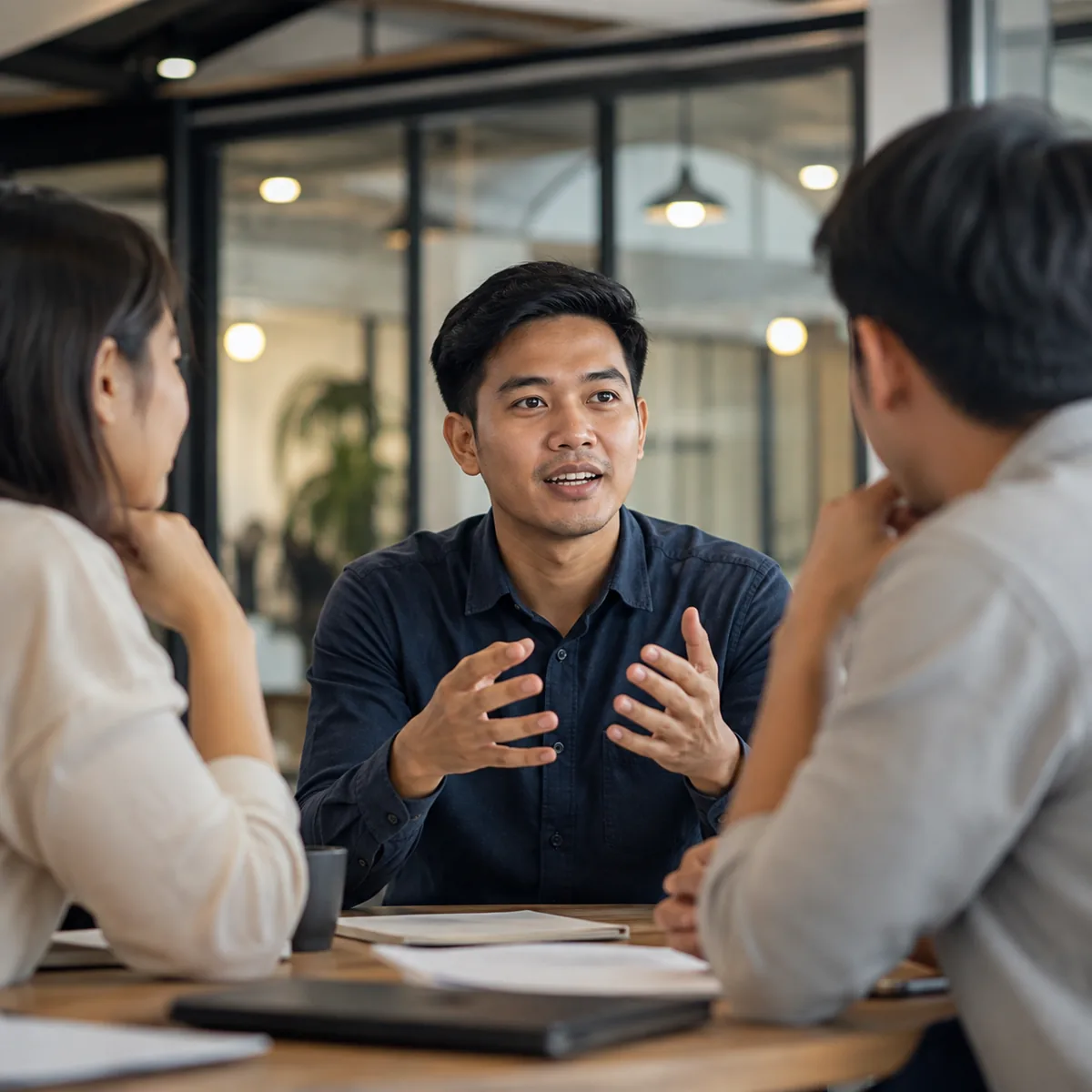 Seorang pria memimpin diskusi santai dengan dua rekan kerja di ruang meeting yang terang.